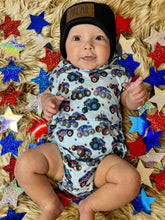 Load image into Gallery viewer, Red, White &amp; Vrooooom Hooded Bamboo Romper
