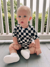 Load image into Gallery viewer, Black &amp; Off White Checkered Bubble Romper
