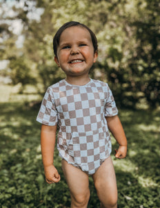 Tan Checkered Bubble Romper