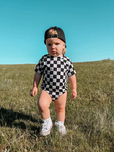 Black & Off White Checkered Bubble Romper