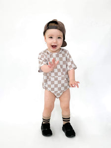 Tan Checkered Bubble Romper