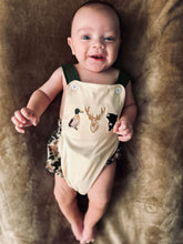 Load image into Gallery viewer, Camo Hunting Smocked Suspender Bubble Romper
