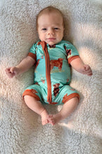 Load image into Gallery viewer, Teal Cow Bamboo Shortie Romper
