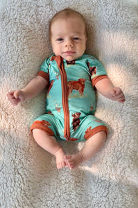 Teal Cow Bamboo Shortie Romper