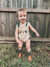 Load image into Gallery viewer, Camo Hunting Smocked Suspender Bubble Romper
