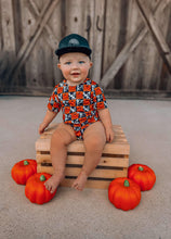 Load image into Gallery viewer, Cow Print &amp; Pumpkin Checks Bubble Romper
