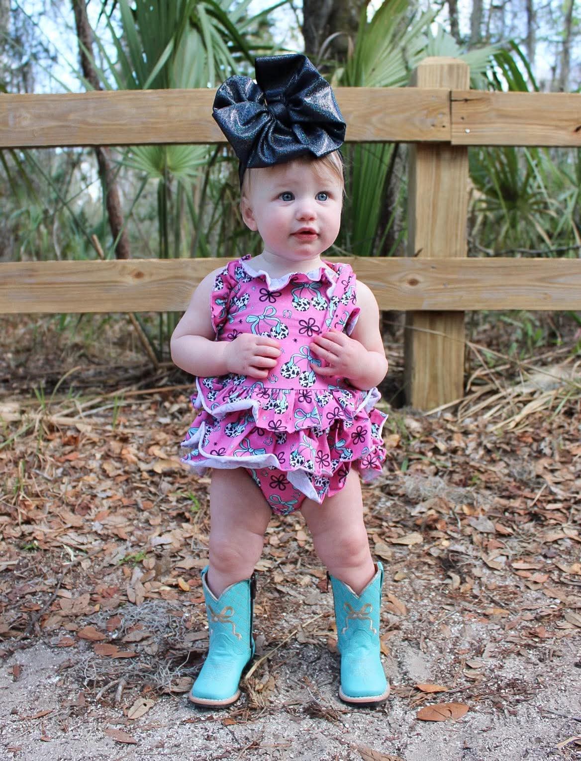 Cow print cherry ruffle romper