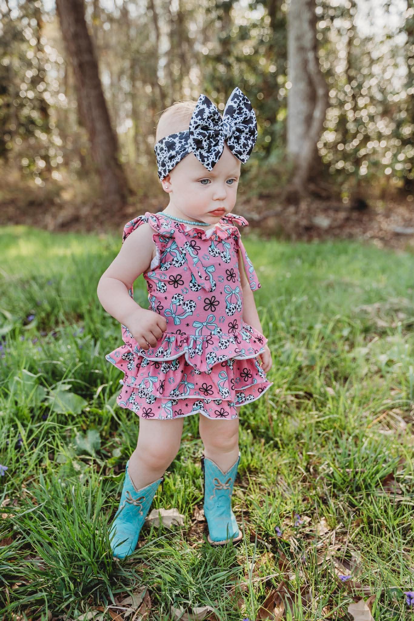 Cow print cherry ruffle romper