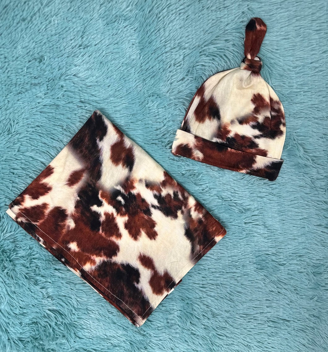 Brown Cow Print Bamboo Swaddle/Beanie Set